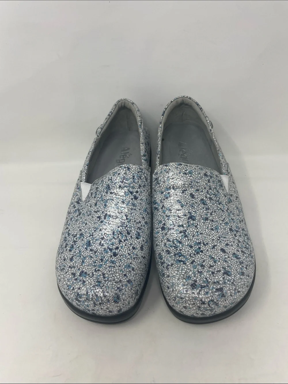 Alegria By PG Lite Leather Sparkling Blue Silver Slip-On Flats Size 7.5